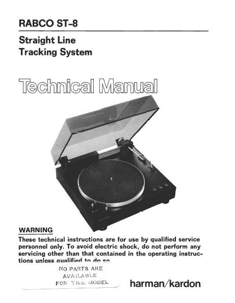 Harman Kardon RABCO ST-8 Straight Line Traking System Technical Service Manual