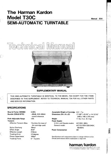 Harman Kardon Model T30C Semi-Automatic Turntable Technical Service Manual