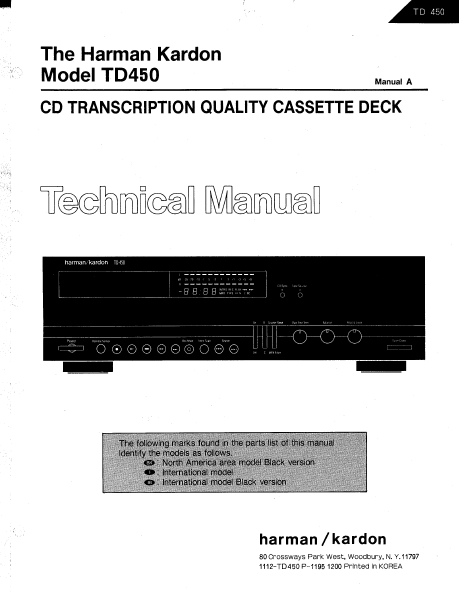 Harman Kardon TD450 Cassette Deck Technical Manual
