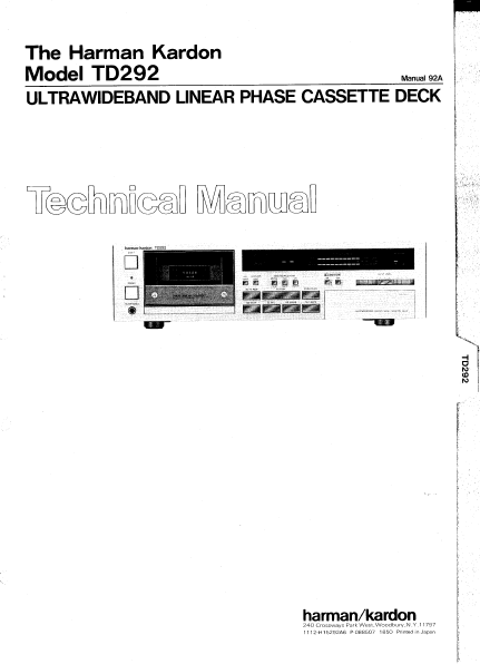 Harman Kardon TD292 Cassette Deck Technical Manual
