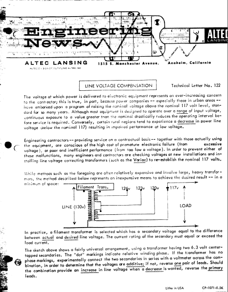 ALTEC TL-122 Engineering News
