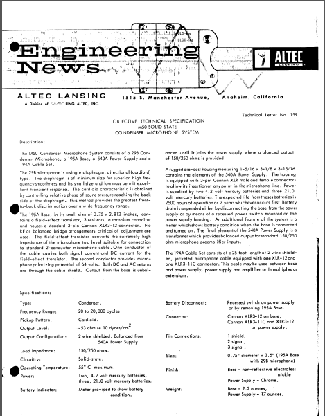 ALTEC LANSING TL-159 Engineering News Instructional Manual