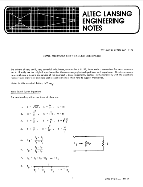 ALTEC LANSING TL-212A Equations for Sound Contractors Owner's Manual