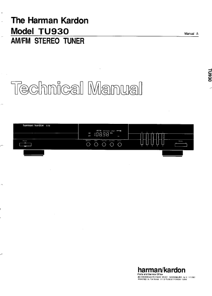 Harman Kardon TU930 Stereo Tuner Technical Manual