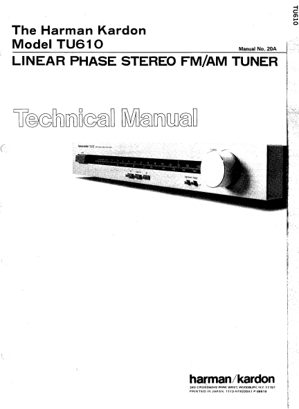 Harman Kardon TU610 Linear Phase Stereo Tuner Technical Manual
