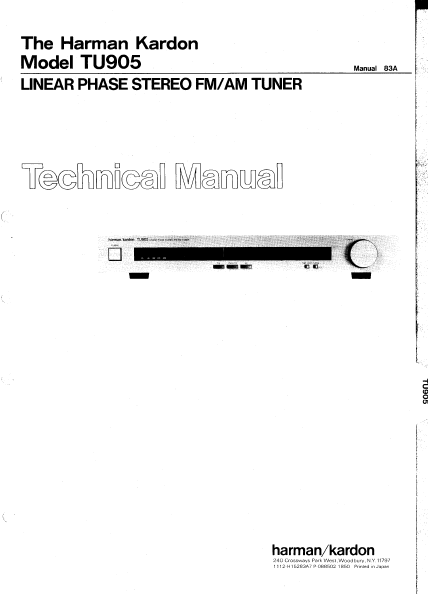 Harman Kardon TU905 Linear Phase Stereo Tuner Technical Manual