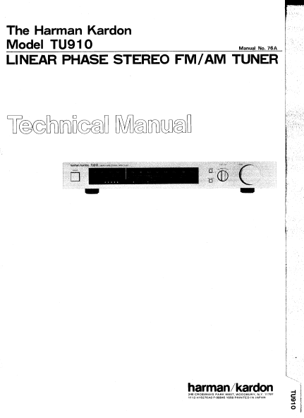 Harman Kardon TU910 Linear Phase Stereo Tuner Technical Manual