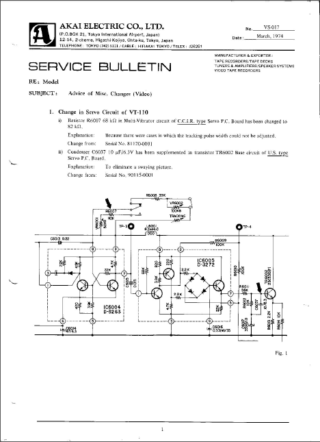 AKAI VT-110 Electronic Service Bulletin Schematic