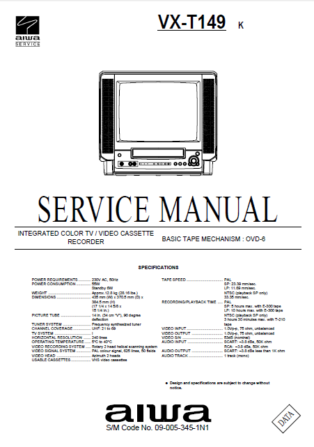AIWA VX-T149 K Integ Color TV Video Recorder Service Manual.