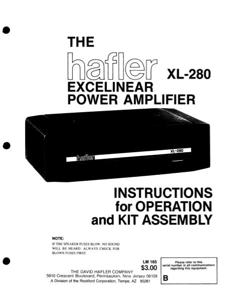 HAFLER XL-280 Excelinear Power Amplifier Operation Manual