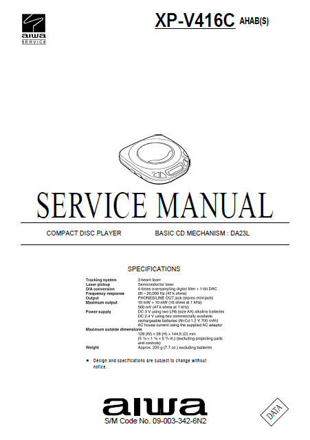 AIWA XP-V416C Compact Disc Player Service Manual