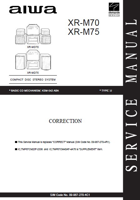 AIWA XR M70-M75 U CD Stereo System Correction Manual