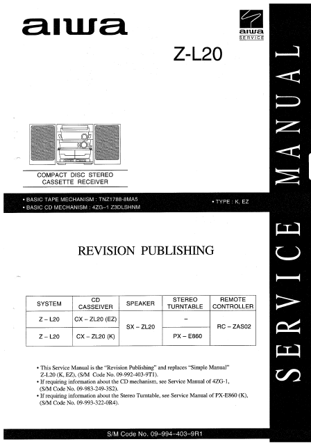 AIWA Z-L20 Revision CD Stereo Cassette Receiver Service Manual