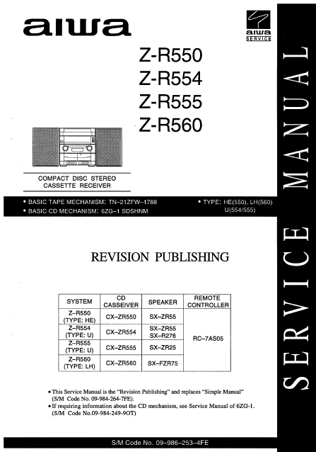 AIWA Z-R550 Revision CD Stereo Cassette Receiver Service Manual