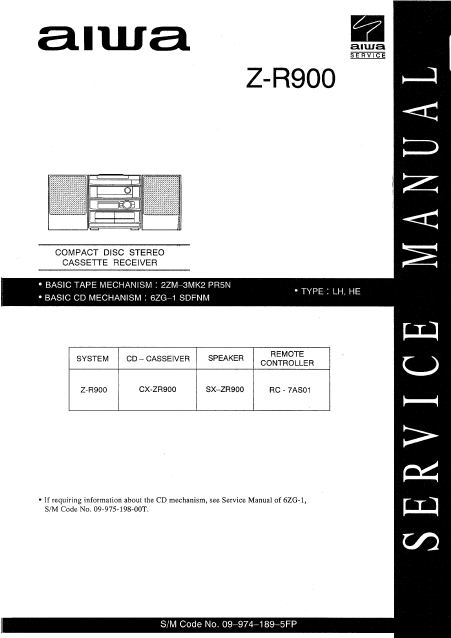 AIWA Z-R900 CD Stereo Cassette Receiver Service Manual