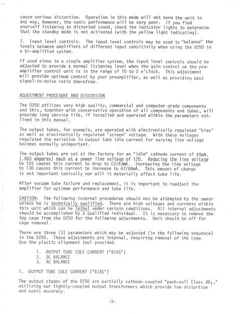 AUDIO RESEARCH D250 Bias Adjustment Instruction Manual