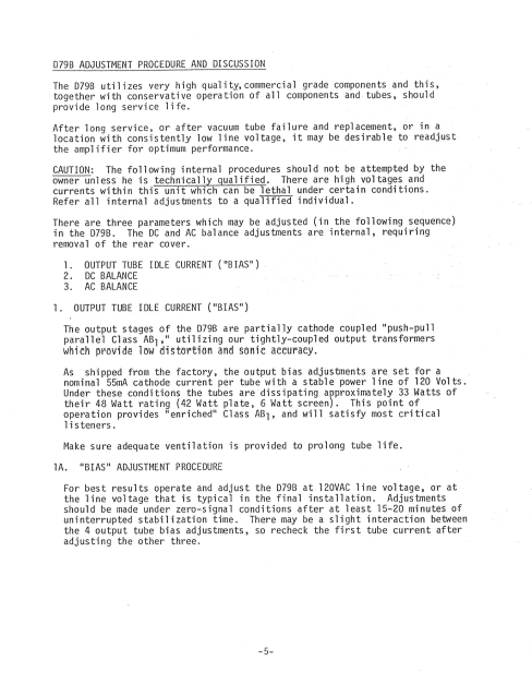 AUDIO RESEARCH D79B-79C Bias Adjustment Instruction Manual