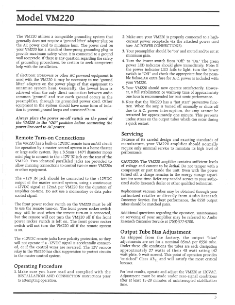 AUDIO RESEARCH VM220 Bias Adjustment Instruction Manual