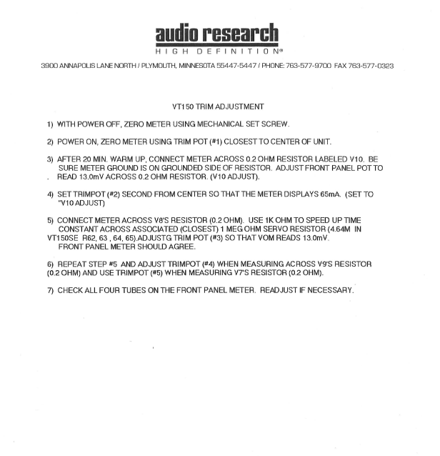AUDIO RESEARCH VT150 Trim Adjustment