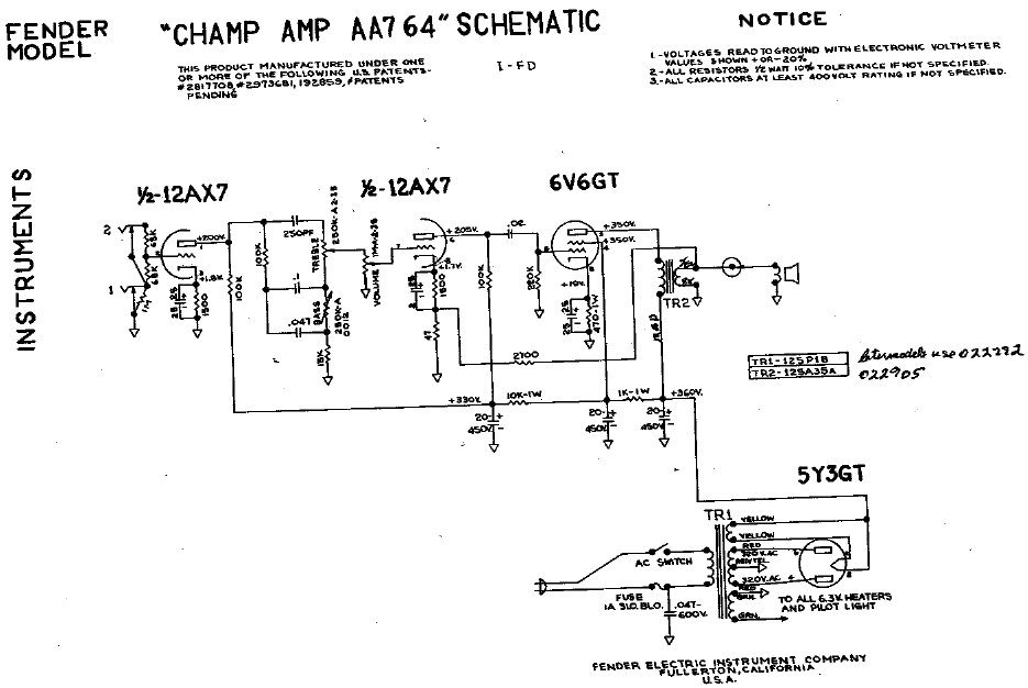 FENDER Champ Amp AA764 Schematic