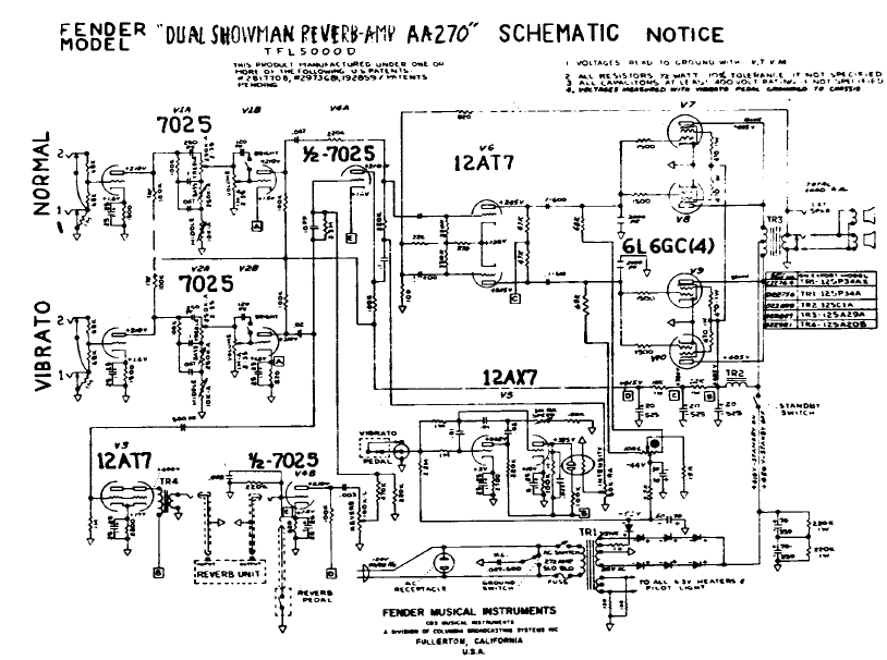 FENDER Dual Showman Reverb Amp AA270 Schematic
