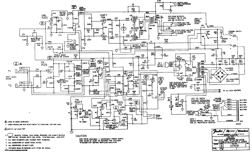 FENDER 75w Lead Amp W/Reverb Schematic
