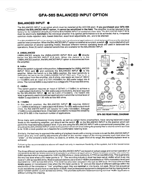 ADCOM GFA-565 Balanced Amplifier Owner's Manual