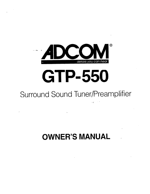 ADCOM GTP-550 Tuner PreAmp Owner's Manual