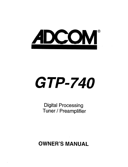 ADCOM GTP-740 Digital Tuner PreAmp Owner's Manual