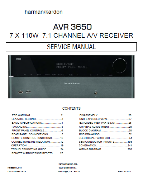 Harman Kardon Model AVR 3650 Channel AV Receiver Service Manual