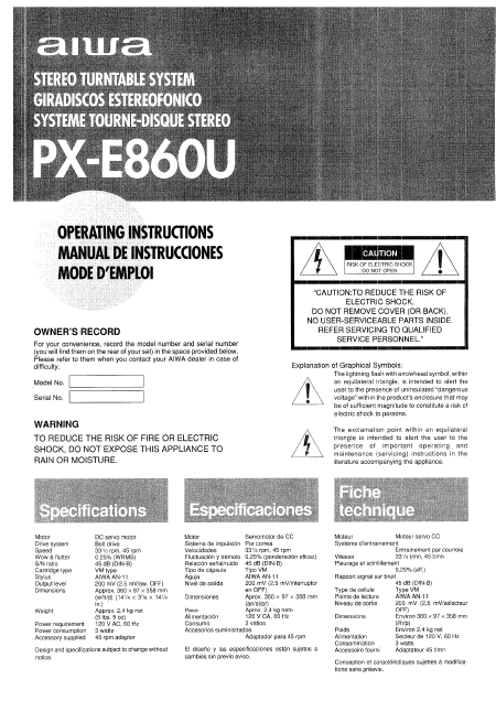 AIWA Stereo Turntable PX-E86OU Instruction Manual