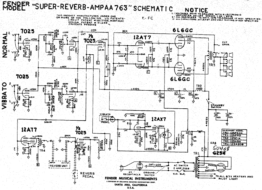 FENDER Super Reverb AA763 Schematic
