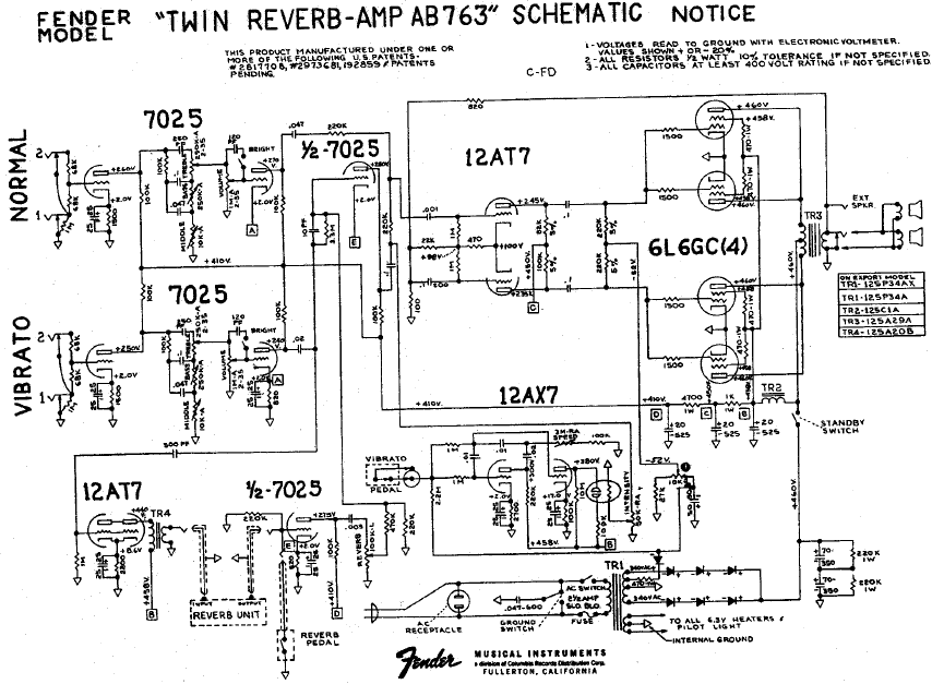 FENDER Twin Reverb AB763 Schematic
