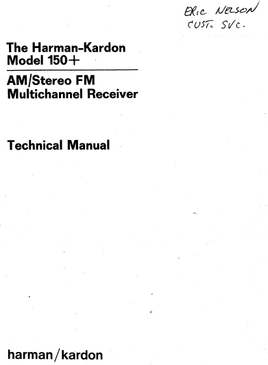 Harman Kardon Model 150+ Multichannel Receiver Technical Service Manual