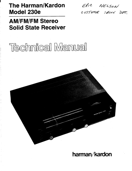 Harman Kardon Model 230e Solid State Receiver Technical Service Manual