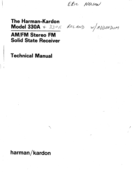 Harman Kardon Model 330A-330R Solid State Receiver Technical Service Manual