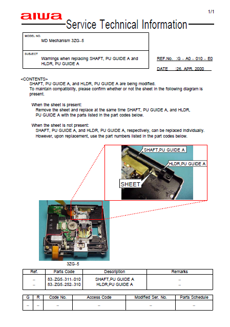 AIWA 3ZG-5 Service Technical Information Owner's Manual