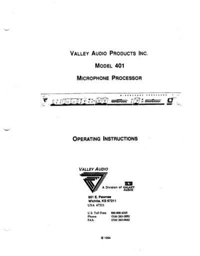 VALLEY AUDIO Model 401 Microphone Processor  Owner's Manual