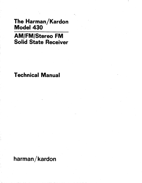 Harman Kardon Model 430 Solid State Receiver Technical Service Manual