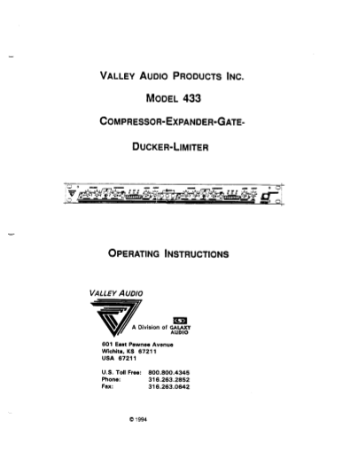 VALLEY AUDIO Model 433 Comprocessor Expander Gate Owner's Manual
