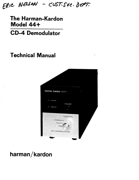Harman Kardon Model 44+ CD-4 Demodulator Technical Service Manual
