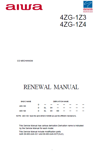 AIWA 4ZG 1Z3-1Z4 CD Mechanism Renewal Service Manual