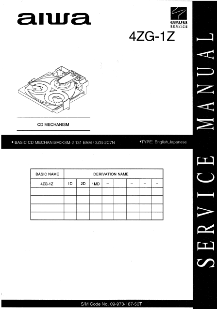 AIWA 4ZG-1Z CD Mechanism 3ZG-2C7N Service Manual