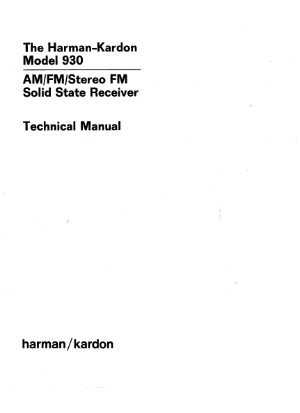 Harman Kardon Model 930 Solid State Receiver Technical Service Manual