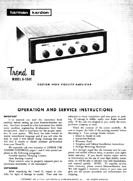 Harman Kardon Model A-1040 Trend II Operation and Service Instruction