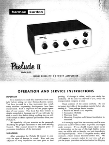 Harman Kardon Model A-12 Prelude II Operation and Service Instruction