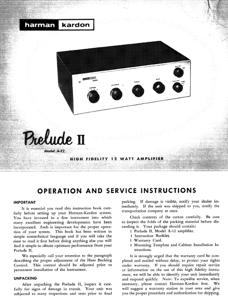 Harman Kardon Model A-12 Prelude II Operation and Service Instruction