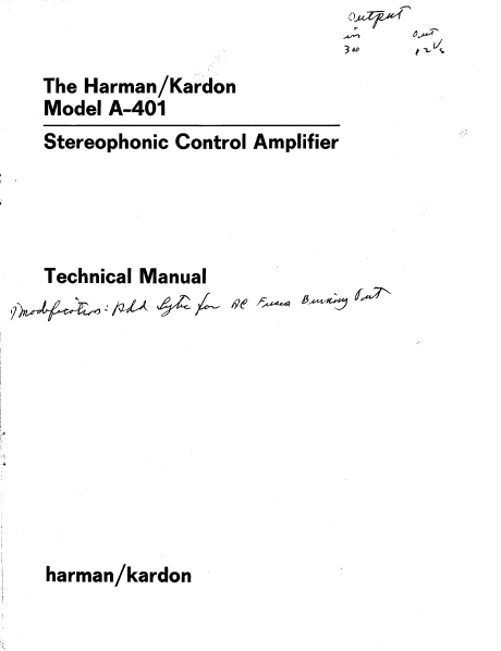 Harman Kardon Model A-401 Stereophonic Control Amplifier Technical Service Manual