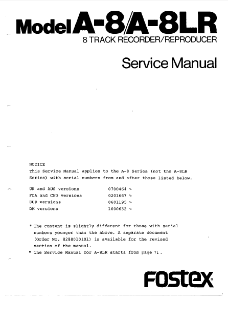 FOSTEX Model A-8A 8LR 8Track Recorder Reproducer  Service Manual
