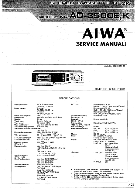 AIWA AD-3500E K Stereo Cassette Deck Service Manual
